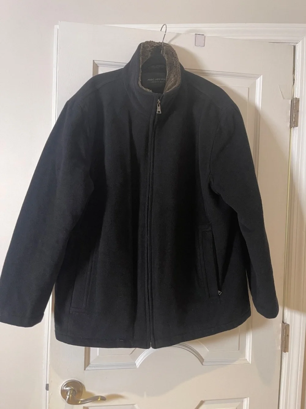 Marc New York black wool cashmere faux fur collar winter car coat jacket men XL